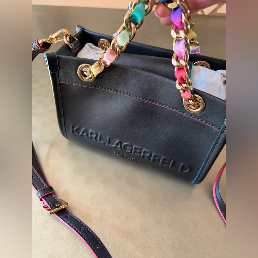Karl Lagerfeld Paris Savoie Small Leather Black Crossbody with Multicolor Chain - Picture 5 of 13